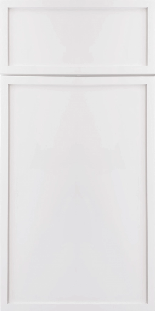 A bright white Miami White shaker cabinet door with a slim, modern frame.
